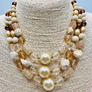 Elegant Vintage Multi-Layered Beaded Glass & Stone Necklace made in Hong Kong